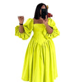 European and american women's clothing  spring new arrivals: sweet and fresh square neck lantern sleeve high waist slimming a-line maxi dress