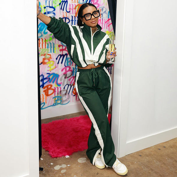 women's clothing personalized street contrasting jacket drawstring top zipper casual trousers woven two-piece set