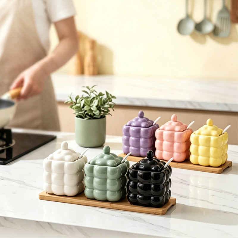 Original dopamine-themed thickened ceramic spice jar set with wooden stand - kitchen salt and seasoning containers with spoons - gift set