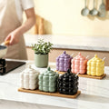 Original dopamine-themed thickened ceramic spice jar set with wooden stand - kitchen salt and seasoning containers with spoons - gift set