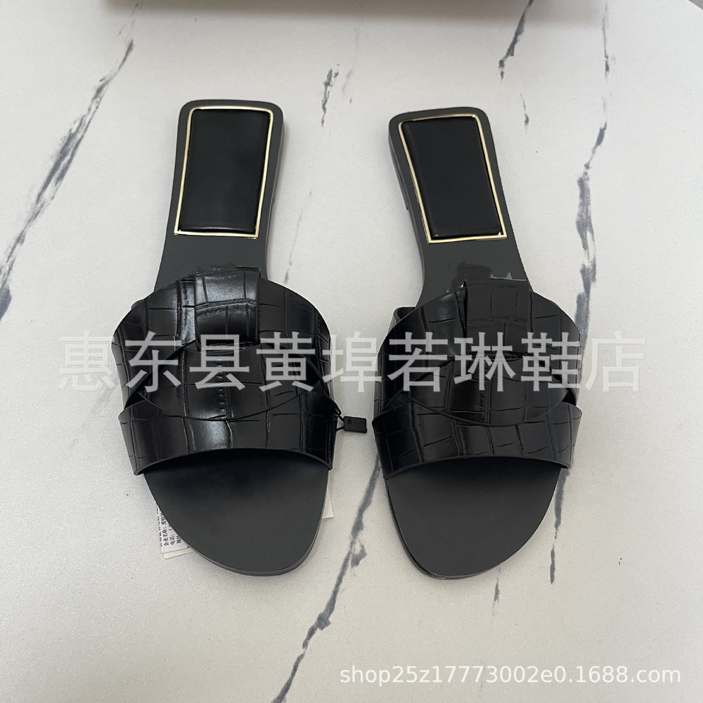 Za 2023 spring new women's square toe criss-cross flat sandals - minimalist, versatile, outdoor slides for women