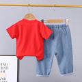 New boys' casual summer outfit set: cartoon elephant excavator print, 100% cotton short-sleeve tee + denim jeans - wholesale