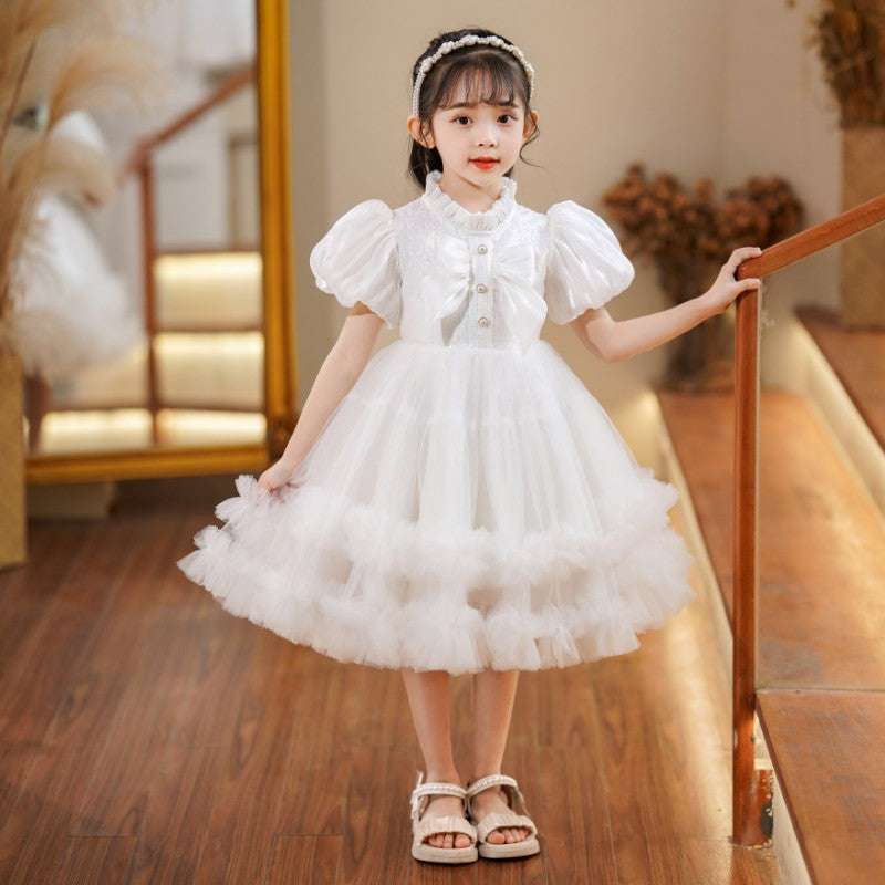 Ready-to-ship wholesale children's clothing: puff sleeve sequin mesh tutu princess dress, girls' kids dress