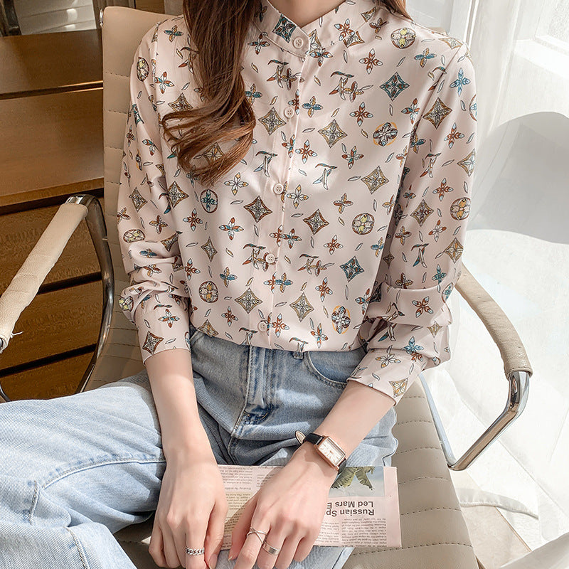 Real shot 2024 autumn French Hepburn style silk printed shirt femininity stand-up collar light luxury retro fashion shirt