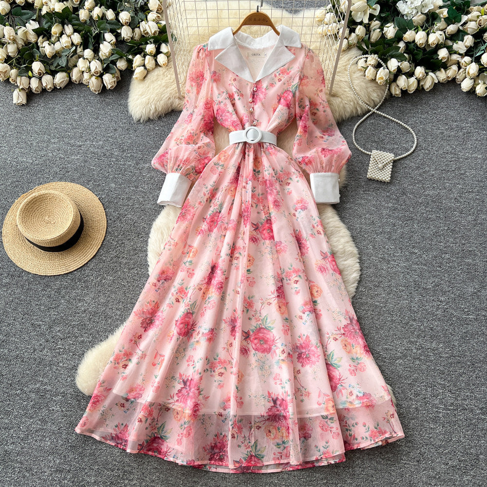 French romantic v-neck lantern sleeve printed dress - women's slim-fit, waist-defining, a-line maxi dress
