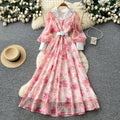 French romantic v-neck lantern sleeve printed dress - women's slim-fit, waist-defining, a-line maxi dress
