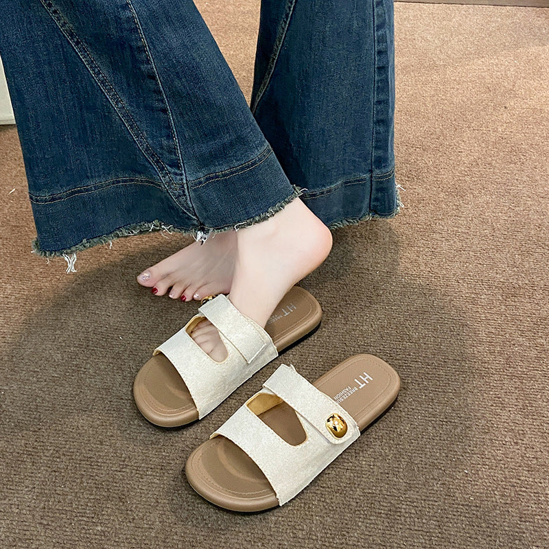 Vintage velcro sandals women's summer new flat bottom fashionable versatile one-strap travel all-match british style women's shoes