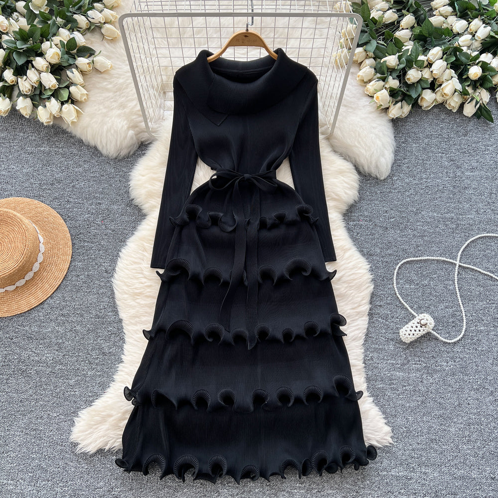Miya pleated premium niche european & american retro collar tie-waist ruffle hem pleated elegant dress for women