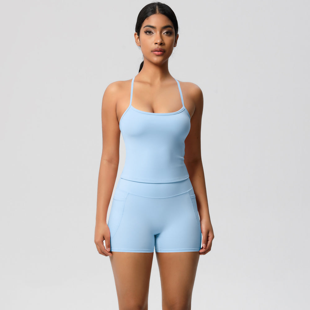 Cloud-feel, brushed, quick-dry yoga set: tank top with racerback, butt-lifting shorts, and pockets - perfect for running and fitness