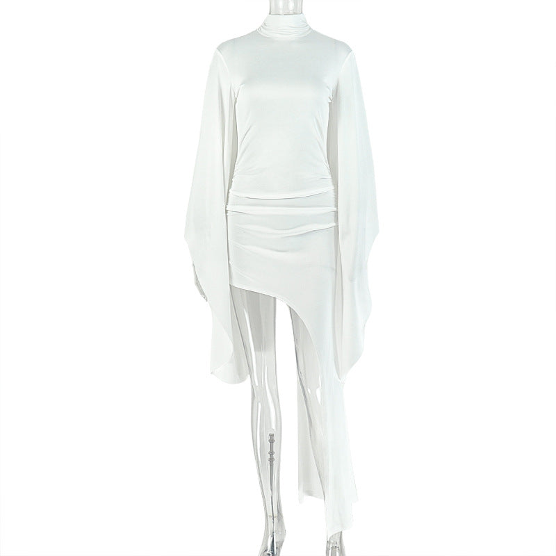 European and american style cross-border design: unique women's solid color bodycon mini dress with asymmetrical hem, high neck, long sleeves, and open back