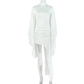 European and american style cross-border design: unique women's solid color bodycon mini dress with asymmetrical hem, high neck, long sleeves, and open back