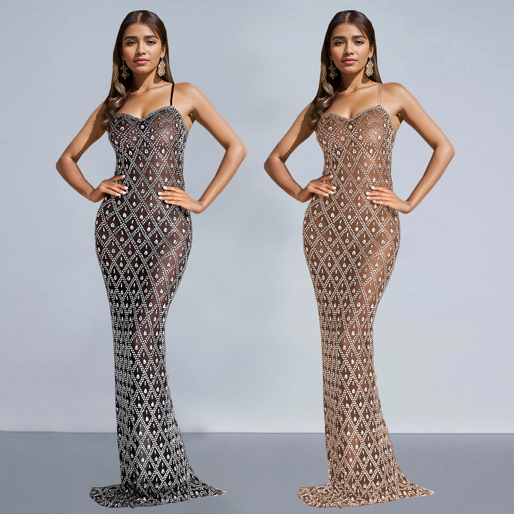 C7160 cross-border    new women's sexy suspender hot diamond hip cover evening dress