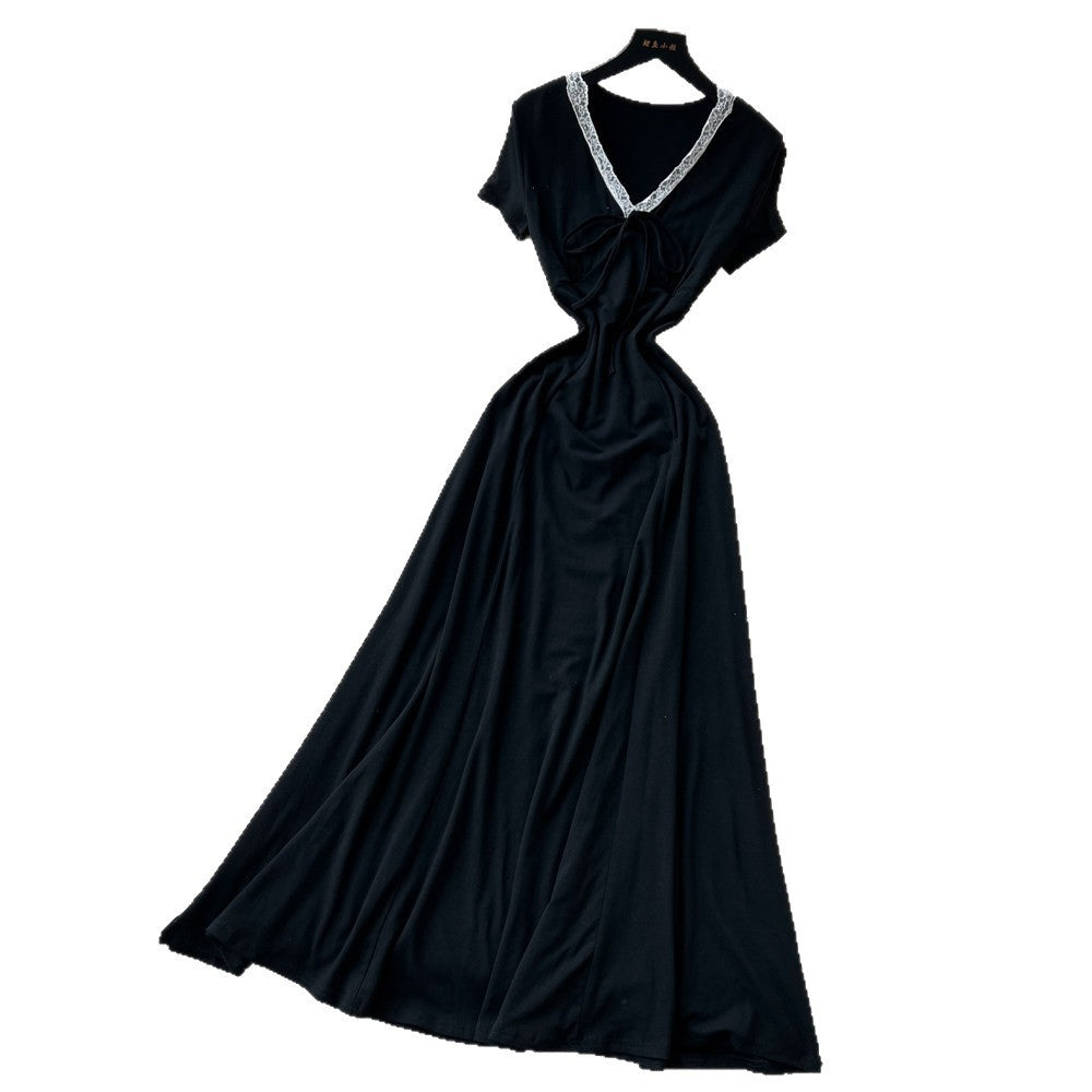 Frenchv necktie back lazy feeling dress women's summer waist slimming lookelegant a-shaped long skirtwork clothing outfit