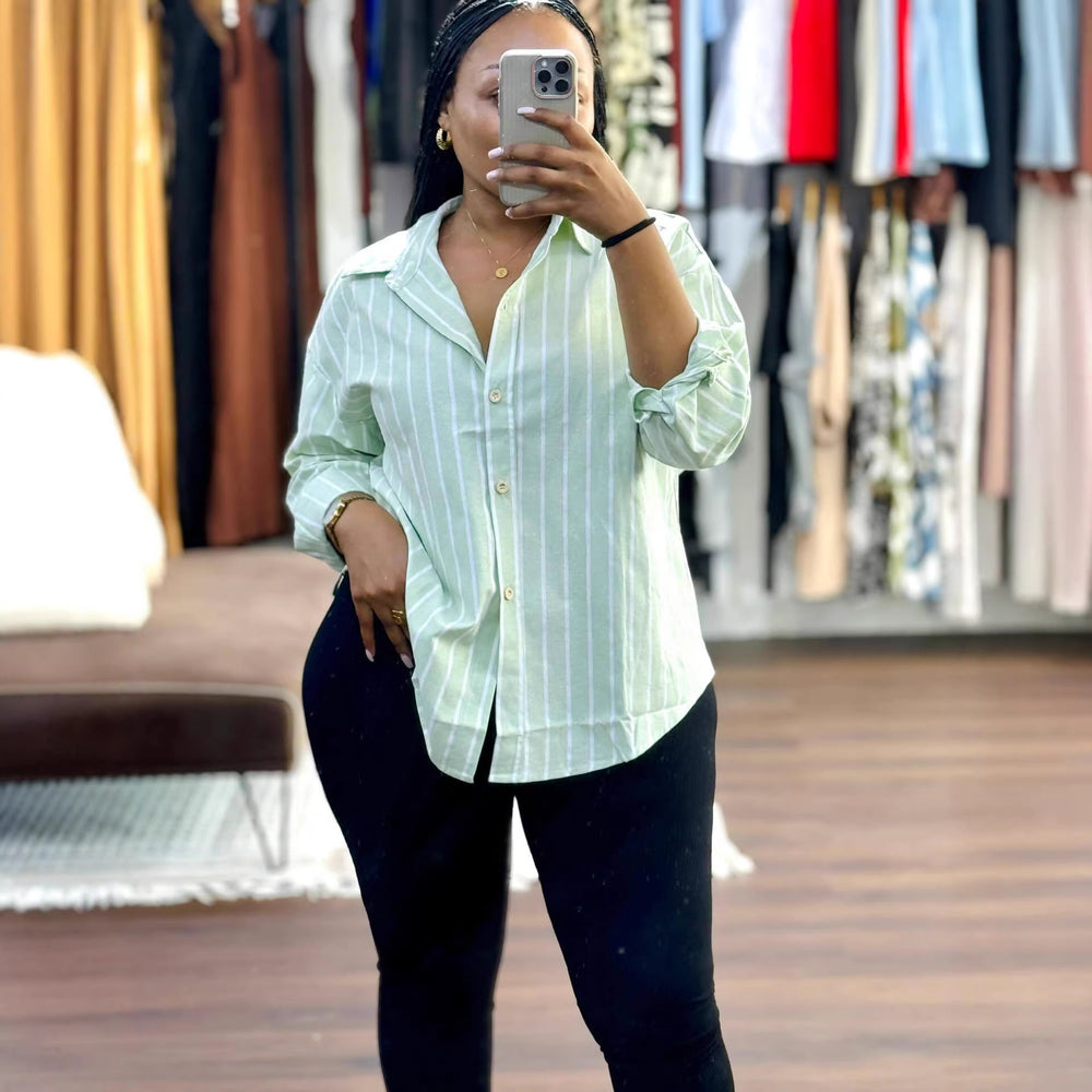 European and american cross-border women's fashion:  spring/summer new arrivals - stylish, designer, loose-fit, asymmetrical striped long-sleeve shirt top