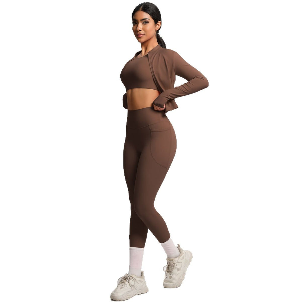 new cloud-soft brushed slim-fit long sleeve activewear set: includes a sporty jacket, casual peach lift leggings, and a yoga top – a three-piece workout outfit