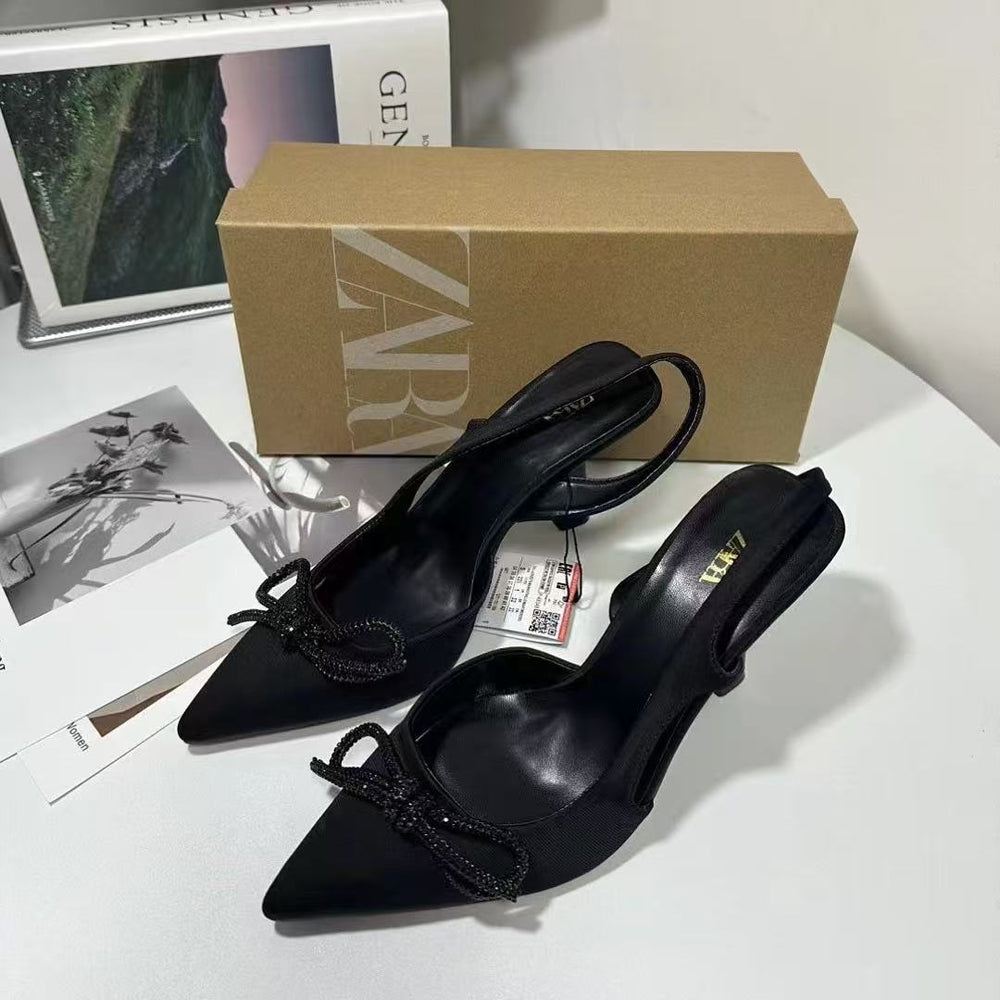 Za southeast asia 2024 new high heels black shiny bowknot slingback stiletto pointed toe pumps women's shoes