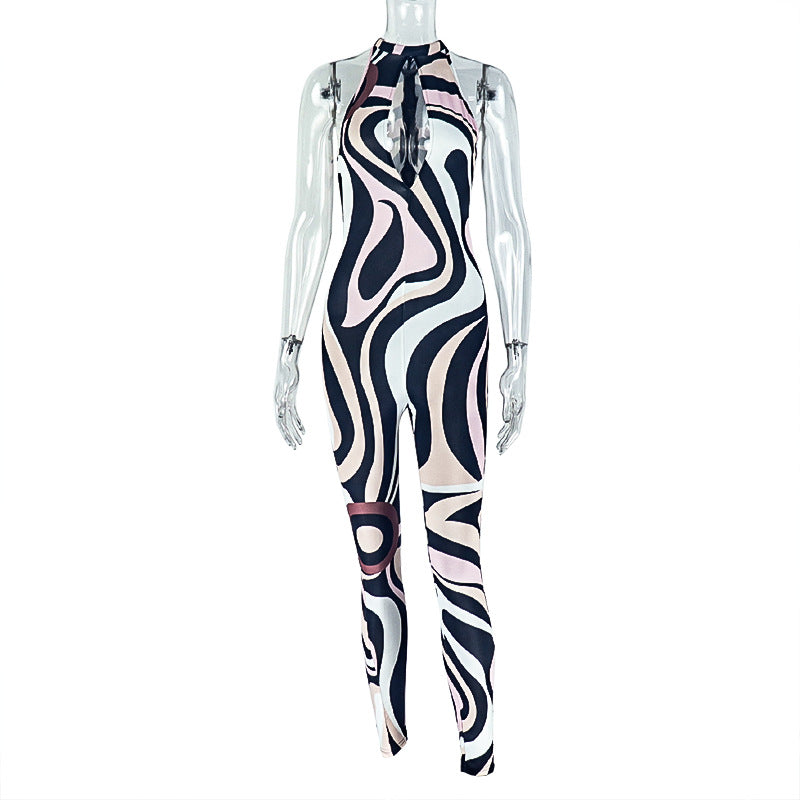 European and american style cross-border personalized print women's hollow-out slim-fit bodycon jumpsuit sleeveless zebra print long romper trendy