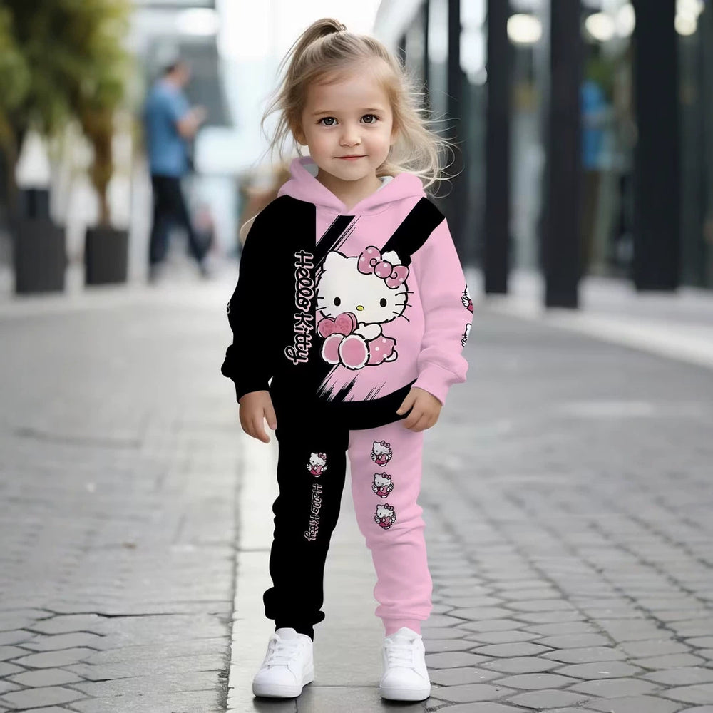 Kids' hoodie set, cross-border hot-selling cartoon animal print girls' fashion hooded sweatshirt and sweatpants set