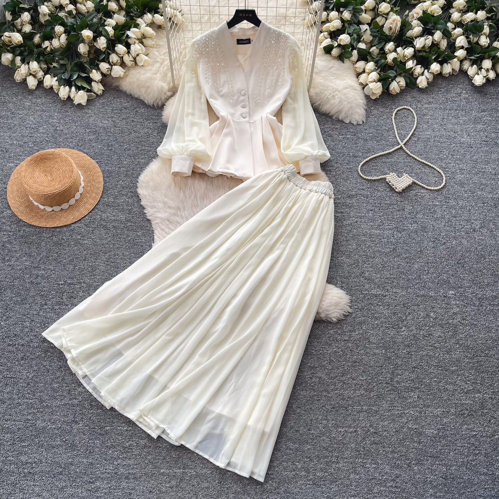 French chic v-neck embroidered jacket & high-waisted pleated skirt two-piece set - autumn , effortless luxury & elegant style