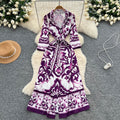 European and american retro court style chic blazer collar long sleeve tie-waist printed dress - women's french elegant maxi dress