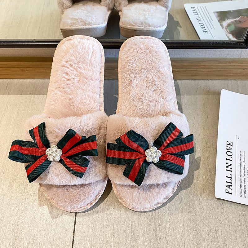 Maomao home slippers women's 2024 fall and winternew arrivalbows cotton slippers women's flatsheattech maternity shoes open toe shoes