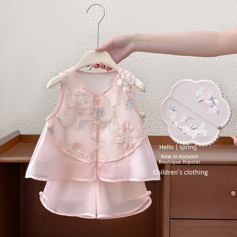 Girls' outfit : exquisite embroidered, modern chinese style, summer cool two-piece set for kids