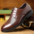 Men's leather dress shoes - summer business casual, genuine leather, british style, black, soft sole, perforated, breathable, and lightweight