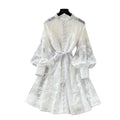 French high-end elegant women's dress - court style tie-waist, hollow-out embroidery, single-breasted a-line skirt