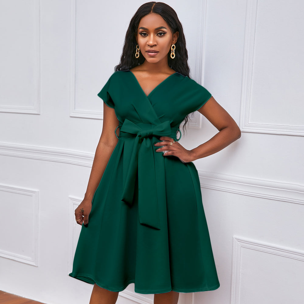 Amazon independent station summer v neckpure color waist bow tie european and american large swing dress cross-border dress