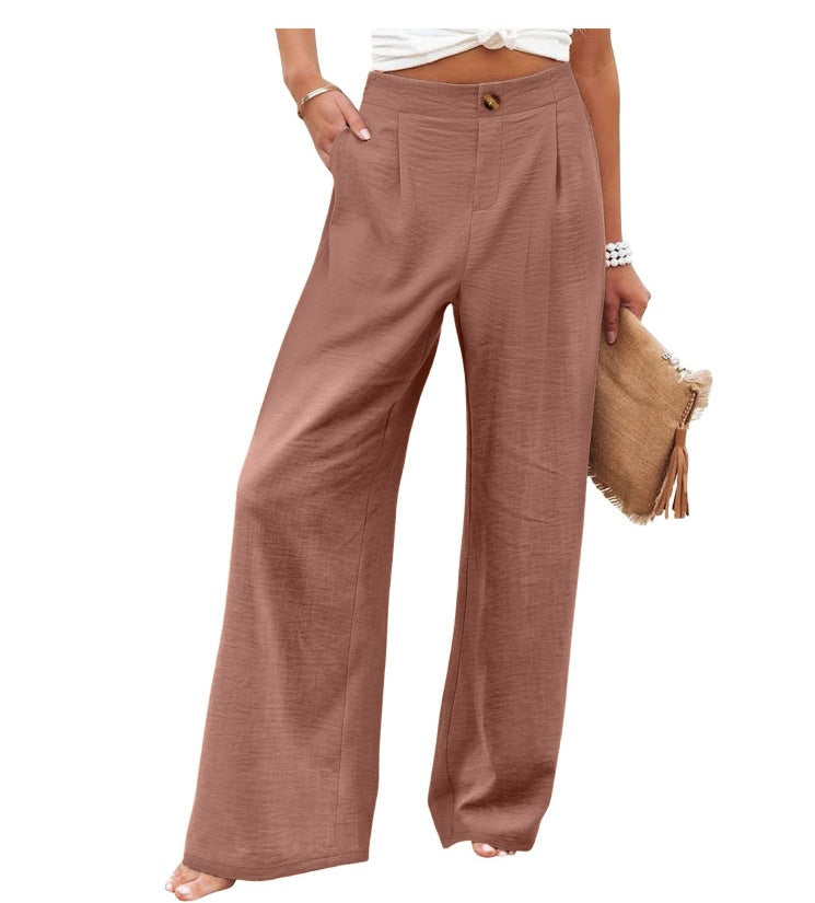 cross-border  fashion summer plaidhigh waistpants button elastic waist loose pants women's casual straight-leg pants
