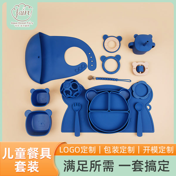 Wholesale Silicone Infant Tableware Set Baby Supplementary Food Eating Training Saliva Pocket Toothpaste Suction Cup Bowl Spoon Tableware
