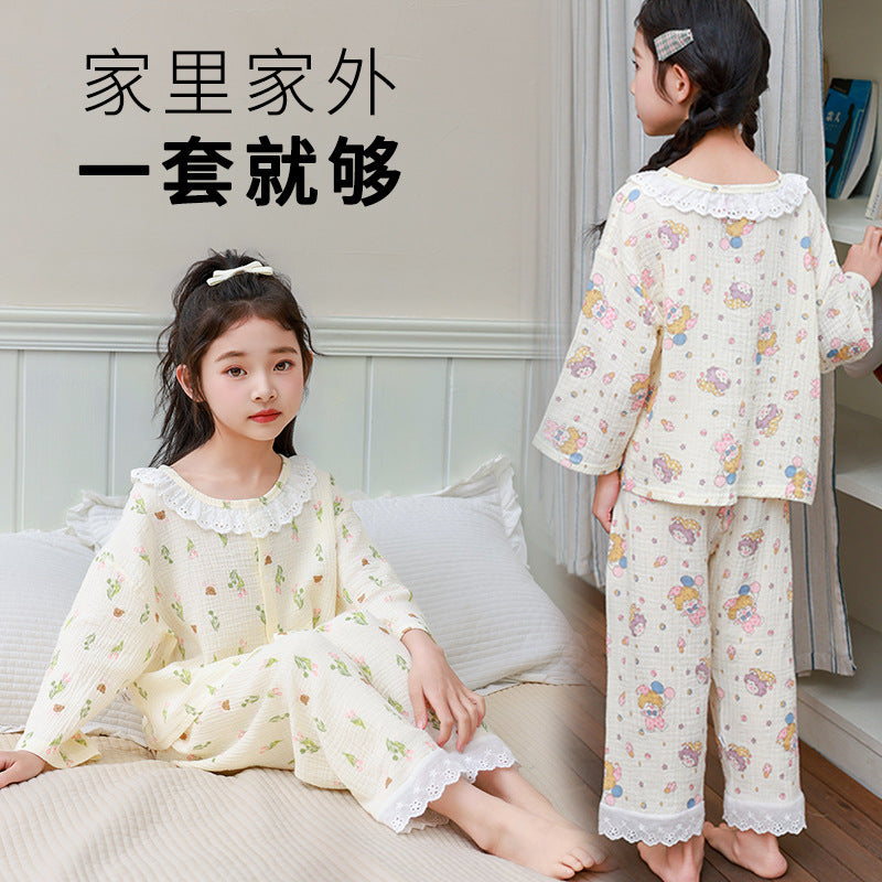 kids' cropped lounge set - boys & girls double-layer cotton gauze pajama set with baby lace trim and cartoon print