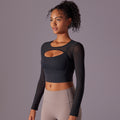mesh translucent sexy double patchwork tight long sleeves tight elastic yoga wear sports fitness tops for women