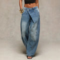 Fashionjeans women's diagonal placket deconstructed patchwork wide-leg pants exportniche stylesense of designloose denim women's pants