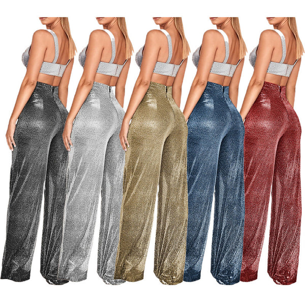 2024 Cross-border European and American new women's clothing, hot silver wide-leg pants, high-waisted big-leg pants, women's casual pants, wholesale goods.