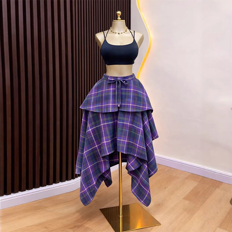 European and american cross-border women's fashion:  summer new arrival - high-waisted plaid layered midi skirt with asymmetrical hem