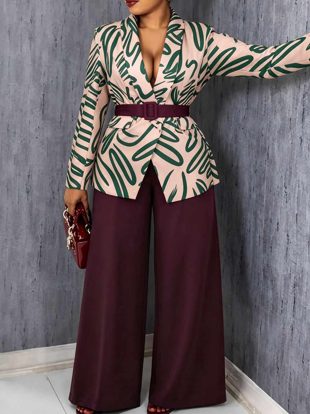 Autumnew arrival waist printing suit outwear high waistslimming look belt easiest for matchstraight-leg pantssuittwo-piece