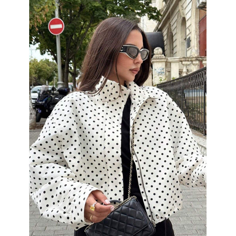 fashion:  autumn new arrivals - chic polka dot print, relaxed fit, zip-up jacket for women (us/eu)