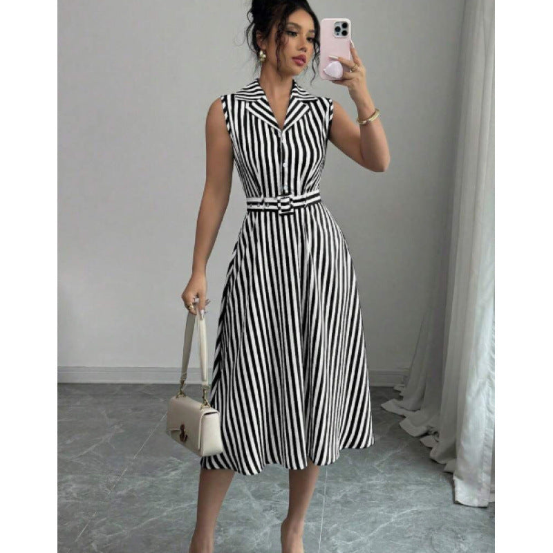 european and american cross-border hot-selling striped waist-defining maxi dress - elegant, slimming, sleeveless a-line dress with belt