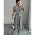 european and american cross-border hot-selling striped waist-defining maxi dress - elegant, slimming, sleeveless a-line dress with belt