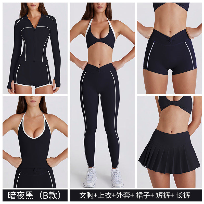 Contrast color bra tops long sleeves short sleeves pants shorts skirts pleated skirts zipper outwear yoga clothes six-piece suit