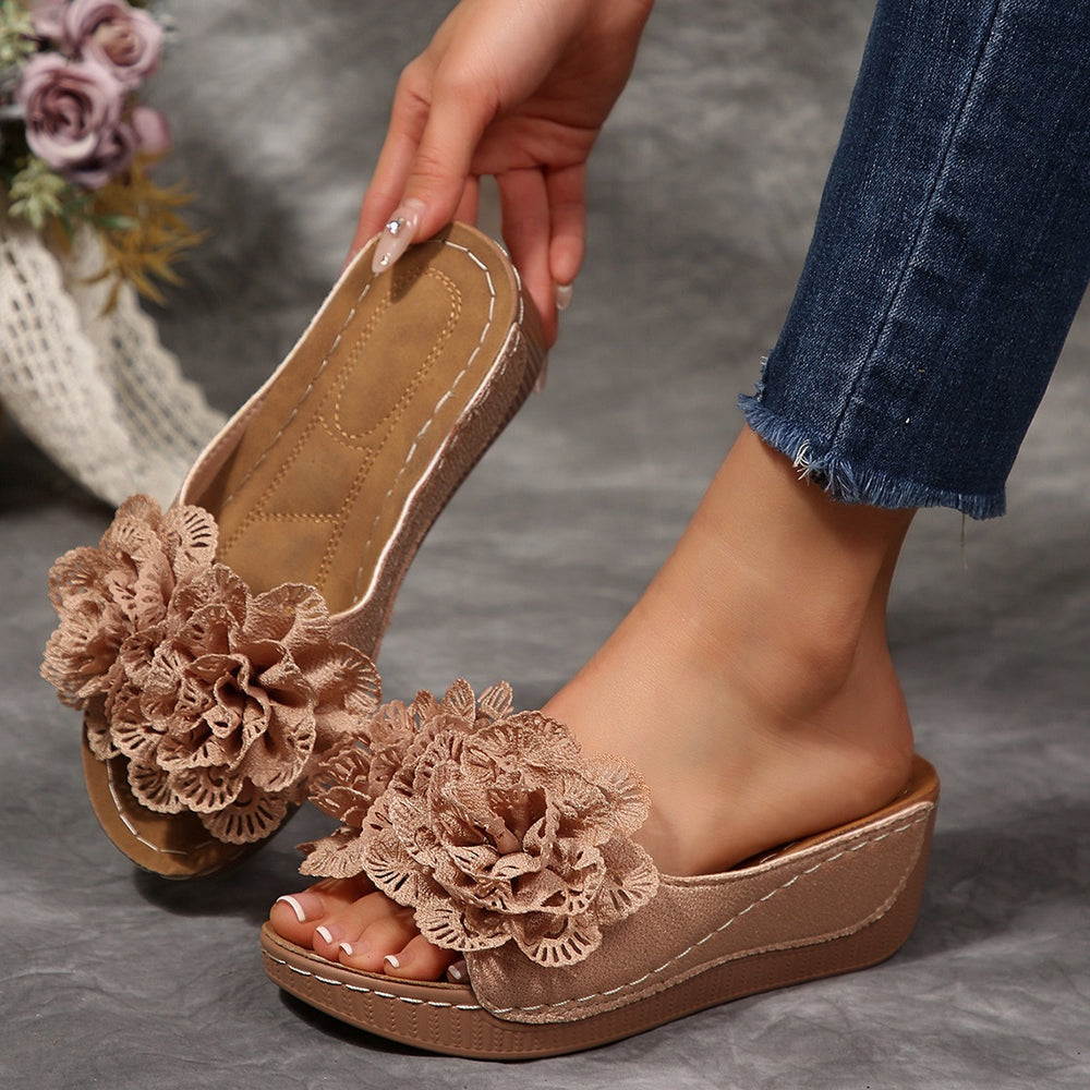 plus sizesummernew arrivalexport wedge thick sole slippers fish mouth one-piece strap flower outwear slippers