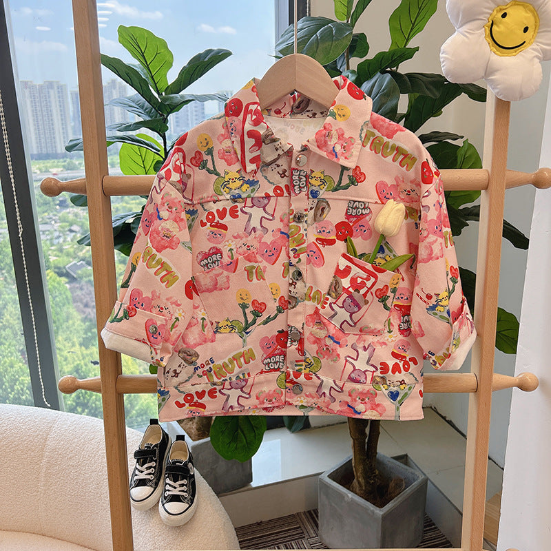 Kidsautumnew arrivalpure cottonoutwearfashionable cartoon outwear stand collar shirt western stylek-stylespring & falleasiest for match