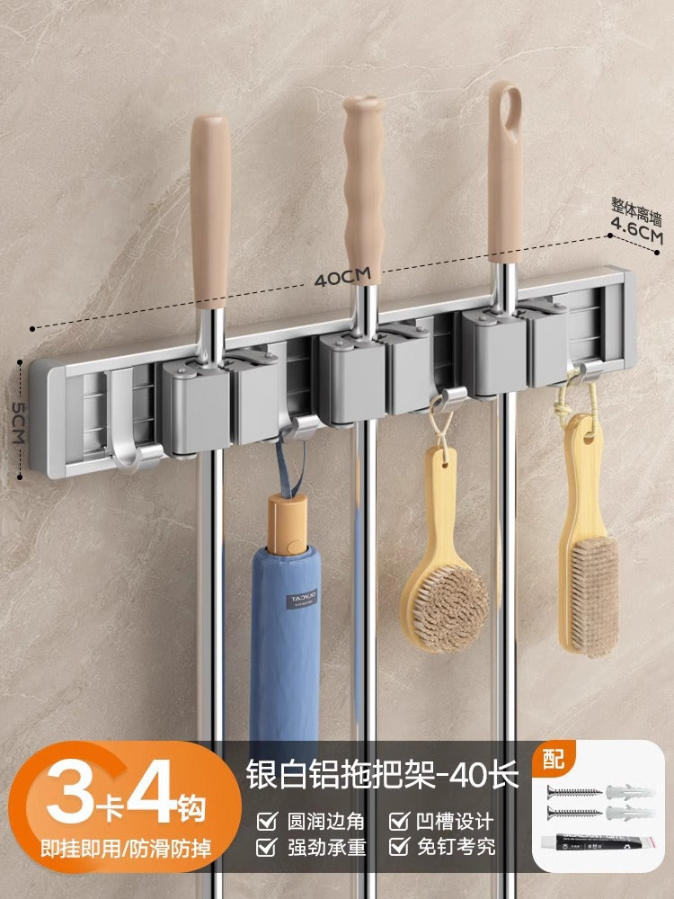 Blue vine mop wall mount clip - no drilling required - bathroom broom holder, mop rack organizer with large hook