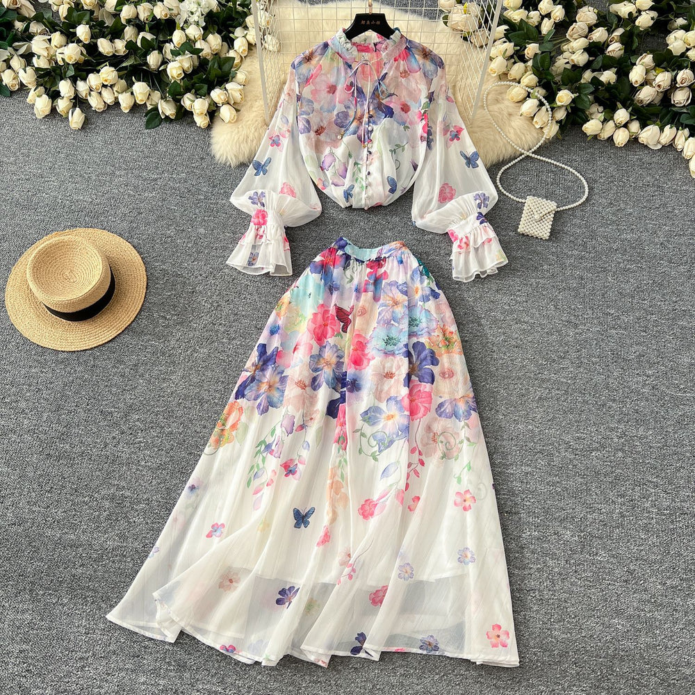 spring resort style two-piece set: women's elegant tie-waist lantern sleeve printed blouse + high-waisted drape midi skirt