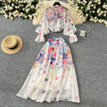 spring resort style two-piece set: women's elegant tie-waist lantern sleeve printed blouse + high-waisted drape midi skirt