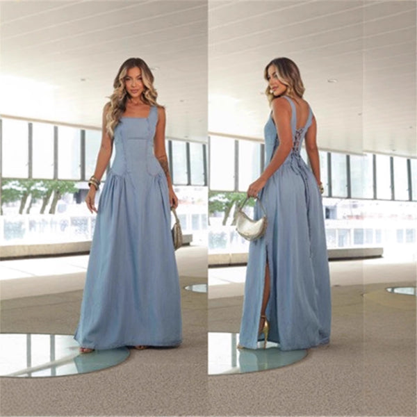 Europe and the United States  2025 spring and summer new dress high-end sense thin sleeveless backless strap denim skirt women's long dress