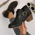 Plus size leather belted mid-heel ankle boots -  autumn new collection - pointed toe, side zipper, chunky heel, retro martin boots for women