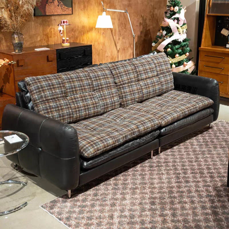 Double-sided genuine leather sofa, small apartment leather and fabric combination, removable and washable hamburger sofa, down-filled, vintage-style oil-waxed leather sofa