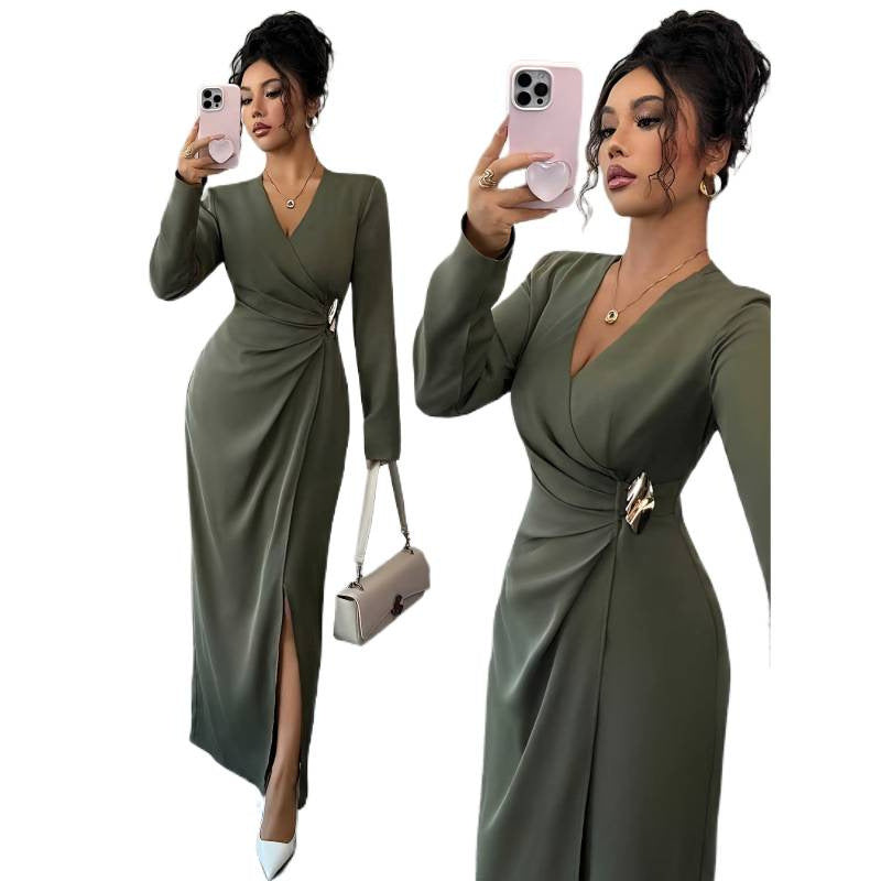 Women's autumn/winter solid color elegant v-neck ruched waist slit design long sleeve dress with metal buckle detail